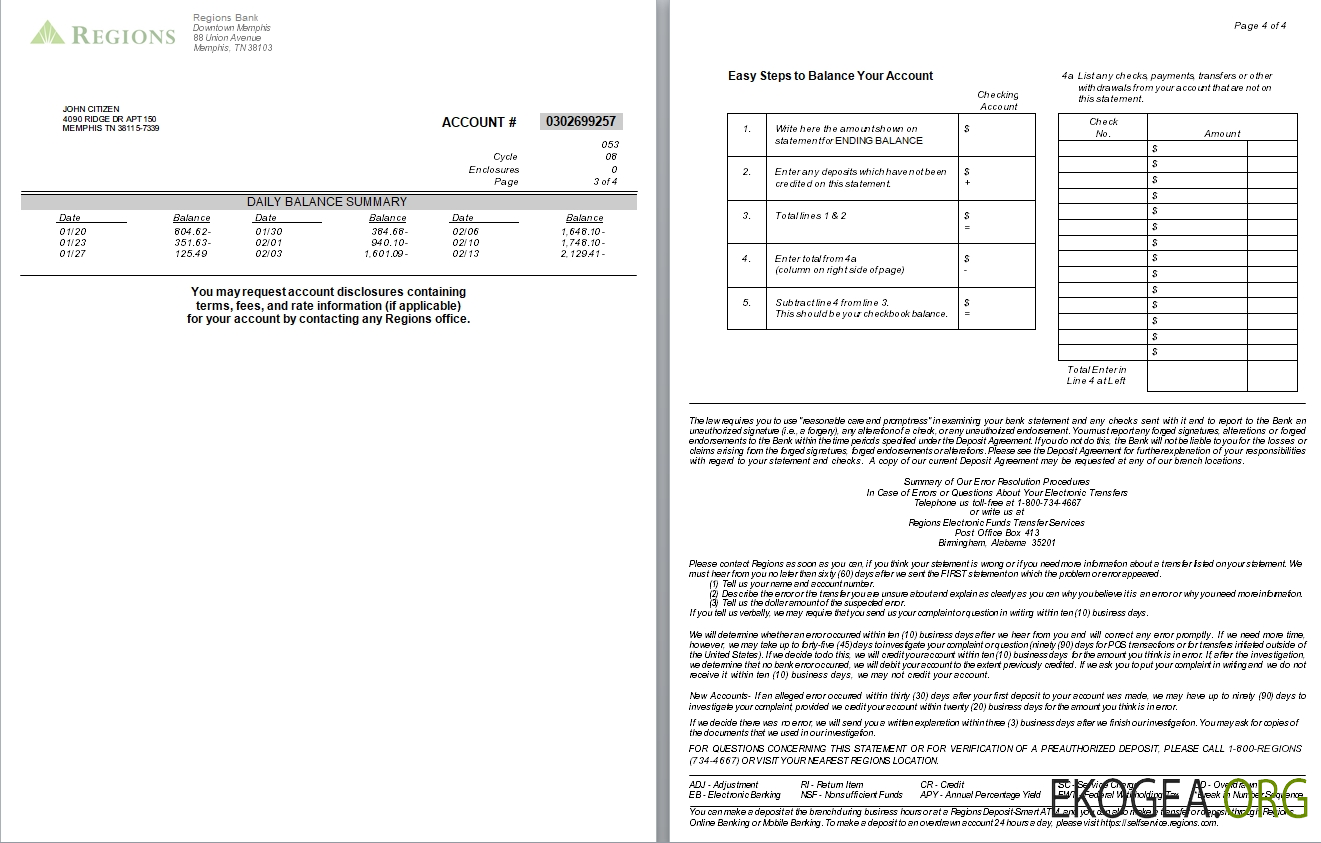 Relevé bancaire des régions du Tennesse aux États Unis, 4 pages, version 2, 3 4 scr